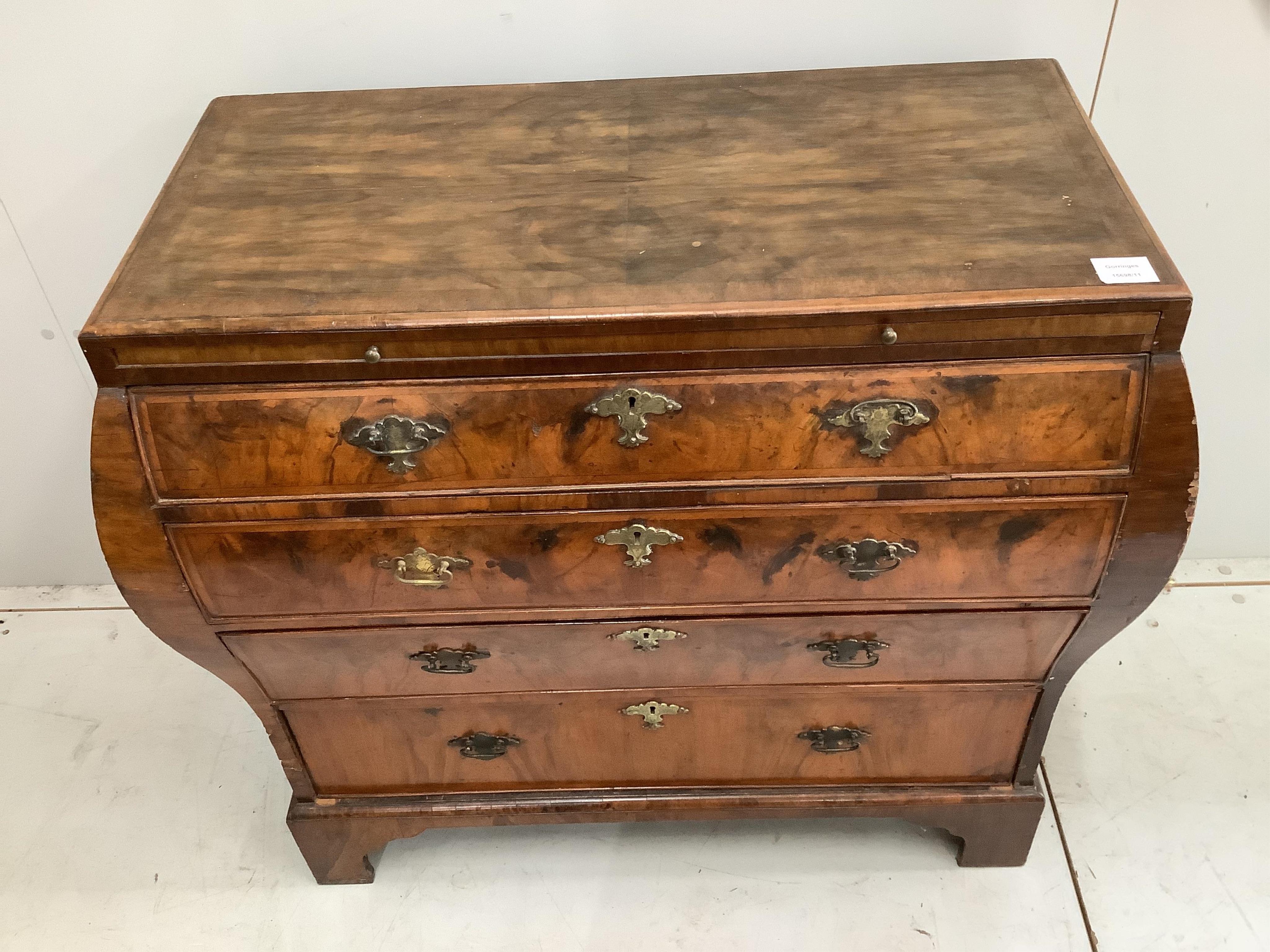 A 19th century and later Dutch bombe walnut chest, width 88cm, height 82cm. Condition - faded top, later alterations, fair